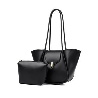 Generic PU Leather Simple Tote Handbag for Female for School Work Travel (Black)