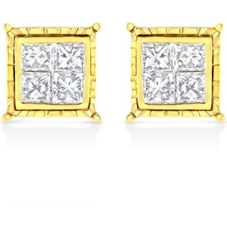 House of Brilliance 14K Yellow Gold 1.0 Ct Invisible Princess Composite 8 Stone Stud Earrings at Nordstrom
