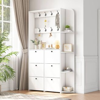 Merax White Hall Tree Coat Rack with 6 Flip Drawers Shoe Cabinet
