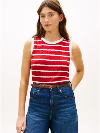 Tommy Hilfiger Womens Stripe Cable Knit Sweater Vest - Red - XXL