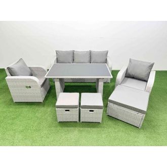 Fimous Outdoor Rattan Garden Furniture Dining Set 8-seater Patio Rectangular Table 3 Seater Sofa Reclining Chair Set with 3 Stools - Fimous