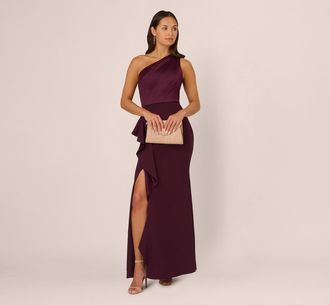 Adrianna Papell One-Shoulder Long Satin Crepe Mermaid Gown In Bordeaux Glow