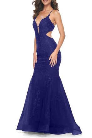 La Femme Lace and Tulle Mermaid Gown with Side Cut Outs in Jewel Tones in Marine Blue at Nordstrom, Size 10