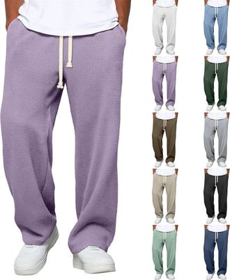Generic Mens Waffle Ribbed Trousers Straight Legs Casual Jogging Bottoms Baggy Plain Cuddly Textured Trouser Loose House Pants Heavyweight Comfy Sports Trouse