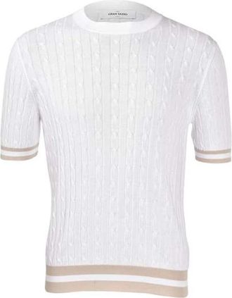 Gran Sasso Ronde hals kabelgebreid T-shirt - Heren - Ronde hals truien - Wit - 3XL - Katoen - Truien & Vesten