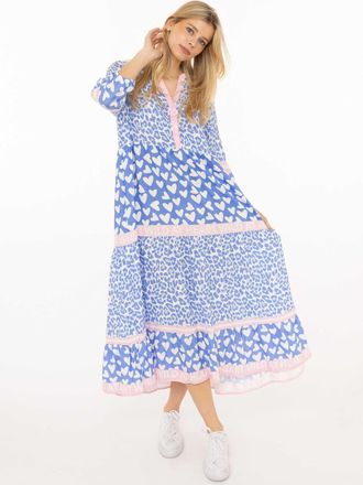 Zwillingsherz Maxikleid ZWILLINGSHERZ Leo Love, Damen, Gr. L/XL, N-Gr, blau, Obermaterial: 100% Viskose, Kleider Maxikleid, Mustermix: Leo und Herzen, Knopfleiste u