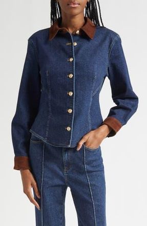 Cinq &agrave; Sept Suede Trim Denim Button-Up Shirt in Dark Sepia/Fontaine at Nordstrom Rack, Size Small