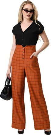 Unique Vintage 1940s Buttoned Wide Leg Trousers in Orange Plaid at Nordstrom, Size X-Large 33