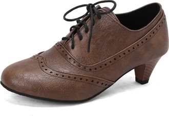 Generic Womens Lace Up Vintage Brogues Round Toe PU Leather Dress Shoes Mid Block Heel Casual Shoes,Brown,10.5 UK