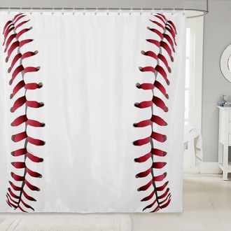 OEM Juego De Cortina De Ducha Con Estampado De Cordones De Zapatillas De B&eacute;isbol - Dise&ntilde;o Con Costuras Rojas, 72 X 84 Pulgadas, Perfecto Para Un Ba&ntilde;o Con 