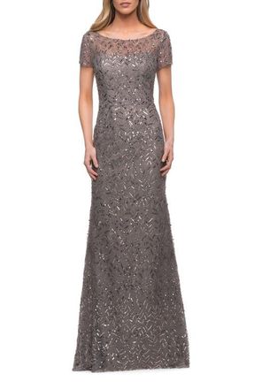La Femme Beaded Long Dress with Illusion Top and Sleeves in Taupe Grey/silver at Nordstrom, Size 10