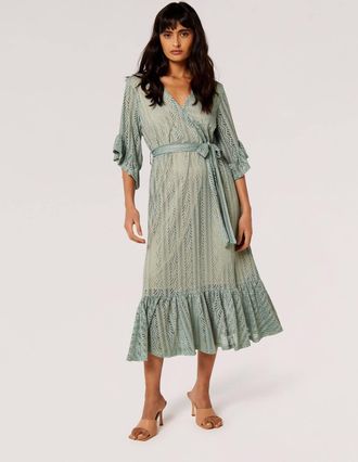 Apricot Lace Ruffle Wrap Midi Dress In Mint
