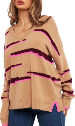 Brodie Glitch Zebra V Neck Sweater Top In Camel/sangria/diva Pink