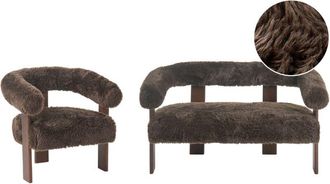 Beliani Sofa Set Dark Brown 2 Seater Armchair Faux Fur Upholstery Retro Design Wooden Legs Living Room ILBRO
