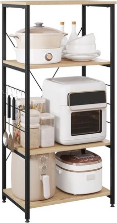 Woltu Woltu Estanter&iacute;a De Cocina, Carrito De Servicio Con 4 Estantes, Estante Para Microondas, Horno, Tostadora, Roble Claro + Negro