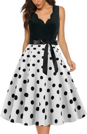 Generic Women 1950s Vintage Retro Rockabilly Dress V Neck A Line 50s 60s Pin Up Polka Dot Swing Party Cocktail Dresses Vintage Tea Party Cocktail Dress Size 8