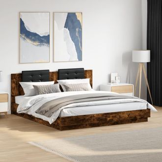vidaXL Estructura De Cama Cabecero Luces Led Roble Ahumado 200x200 Cm Vidaxl