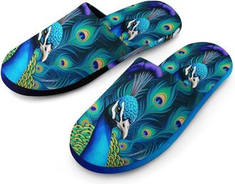 Generic Male Peacock Flannel Mens Slip-on Slippers Winter Warm House Shoes with Rubber Sole for Home Hotel