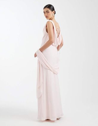 Six Stories Vestito lungo da damigella in cr&ecirc;pe rosa tenue con scollo profondo ad anello