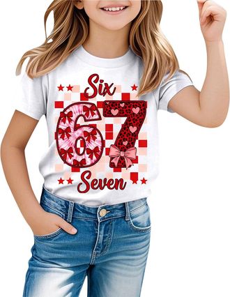 Generic Graphic T-Shirts for Girls UK 67 Six Seven Meme Cute Number Print Cotton Top Short Sleeve Crewneck Funny Tee for School Party Festive Stocking Filler 