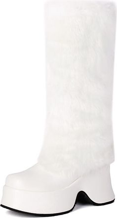Generic Womens Wedge High Heel Platform Long Boot Round Toe PU Leather Mid-Calf Boots Pull on Warm Winter Boots,White,5.5 UK
