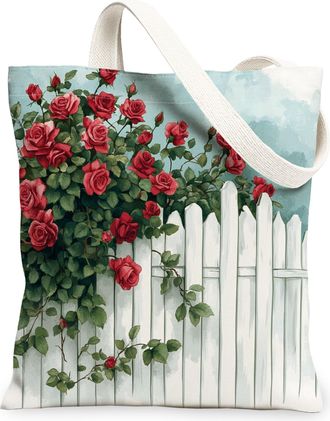 Generic Spring Rose Fence Flower Canvas Tote Bag for Shopping 13x15, Farmhouse Cute Floral Reusable Grocery Print Pattern Bag for Women Men, Fun Country Aesth