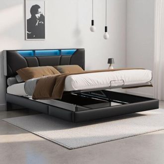 OEM Cama 140x200 Cm - Cama Con Cofre Y Led - Cabecera Ajustable - Almacenamiento Integrado - Negro