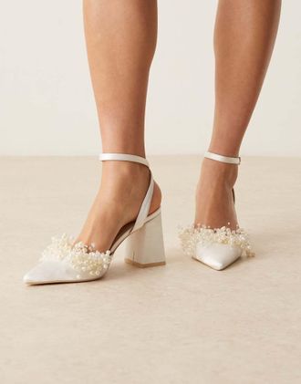 Be Mine Tanika - Scarpe con tacco largo da sposa color avorio in raso con perle-Bianco