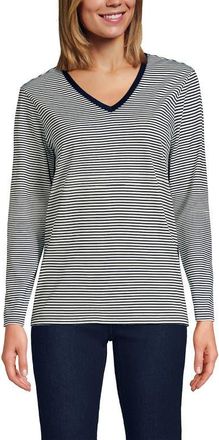 Lands End Supima Cotton Long Sleeve V-Neck T-Shirt in Deep Sea/ivory Micro Stripe at Nordstrom, Size X-Small