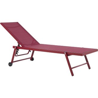 Beliani Tumbona De Jard&iacute;n Asiento Sint&eacute;tico Rojo Estructura De Aluminio 198 X 61 Cm Respaldo Reclinable Con Ruedas Patio Portofino