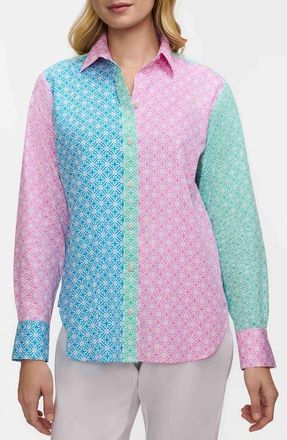 Foxcroft Meghan Geo Lattice Cotton Button-Up Shirt in Pink/Multi at Nordstrom, Size X-Small