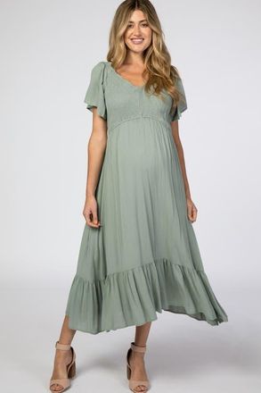 Pinkblush Smocked V-Neck Midi Dress in Olive Green at Nordstrom, Size Medium