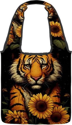 Generic Dark Sunflower Tiger Reversible Canvas Shoulder Tote - Double-Sided Print, 12oz Cotton, 27cm Drop, Fold-Flat Bag for Travel, Shopping, Street Outings