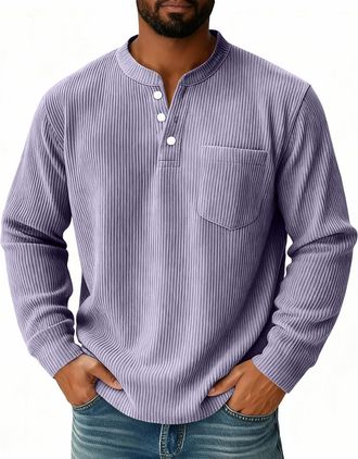 Generic Corduroy shirts Henley collar Mens Waffle Sweatshirt with Pocket V-Neck Button Up Flap Pockets Spring Plain Abrasion Resistant Light Purple M