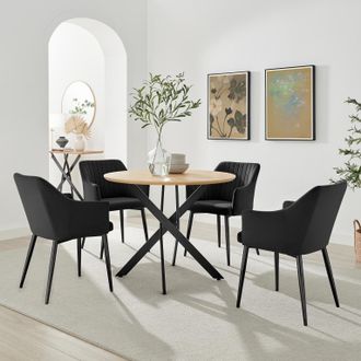 Furniturebox Novara 100cm Oak Veneer Top Round Dining Table & 4 Black Calla Chairs in Brown