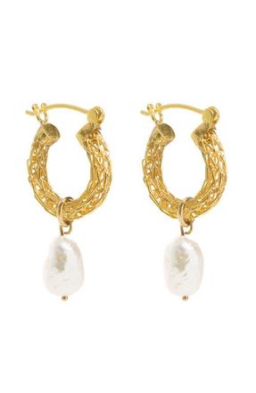 Freya Rose Gold Weave Mini Hoops with Baroque Pearl at Nordstrom