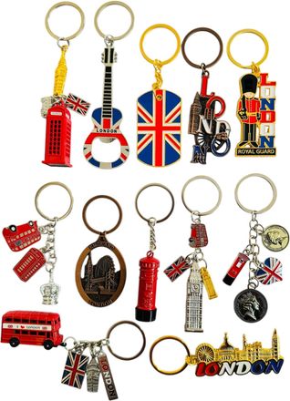 Generic London Souvenir Keychain Set, Union Jack and London Icons Design, Metal, 12 Pieces (12, mix)