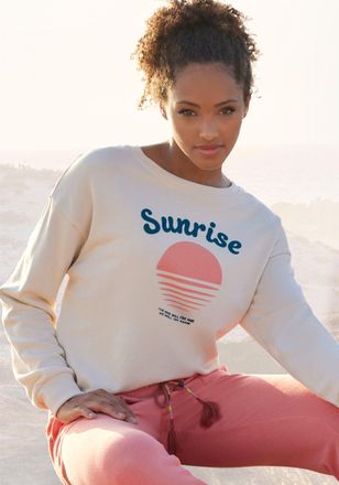 Vivance Sweater VIVANCE, Damen, Gr. 32/34, beige (creme), Sweatware, Obermaterial: 60% Baumwolle, 40% Polyester, bedruckt, unifarben, l&auml;ssig geschnitten norma