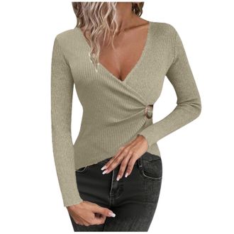 Generic Womens Long Sleeve Tops Soft Ribbed Knit Jumper Fitted Comfy Basic Sweater Base Layer Underwear Casual Solid Lightweight Strechy Jumper Going Out Crop