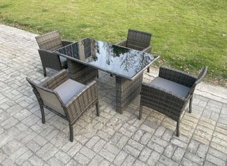 Fimous Wicker PE Outdoor Rattan Garden Furniture Arm Chair & Table Dining Sets 4 Seater Rectangular Table Dark Grey Mixed