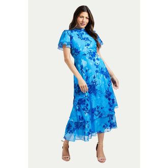 Wallis Floral Burn Out Ruffle Midi Dress in Blue at Nordstrom, Size 12