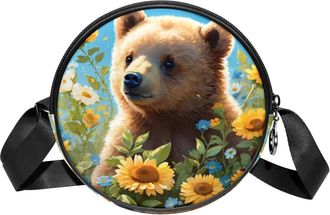 Generic Circle Crossbody Bag for Women, Bear Flower Small Sling Bag Daypack with Zipper Adjustable Shoulder Straps Casual Ladies Girls Round Purse