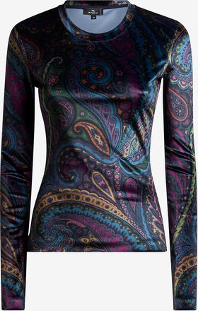 Etro Schmales Langarm-T-Shirt aus Samt mit Paisley-Print