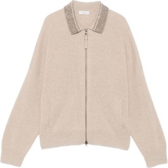 Brunello Cucinelli Collar-Embellished Zip-Up Cardigan - Dames - Vesten - Beige - M - Truien & Vesten