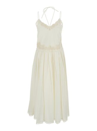 Twinset White Dress With V Neck And All-Over Lace Embroidery In Cotton Woman