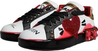 Dolce & Gabbana Womens White Red Crystals Leather Portofino Sneakers Shoes Calf