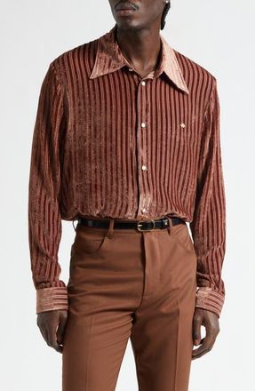 Amiri Stripe Wool & Silk Velvet Button-Up Shirt in Terracotta Archived at Nordstrom, Size 42 Us
