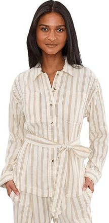 Liverpool L.A. Petite Belted Stripe Shacket Womens Clothing Cream/Tan Regency Stripe : PXS, Elastane/Linen/Polyester