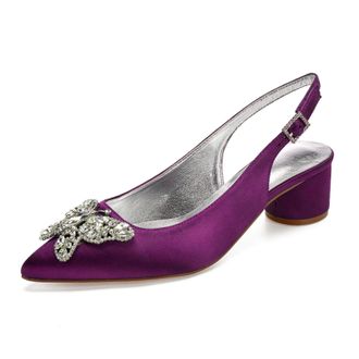 Generic Womens Chunky Heels Pointed Toe Wedding Shoes Satin Low Heels Elegant Bridal Slingback Party Evening Dress Shoes 4.5Cm,Purple,9 UK