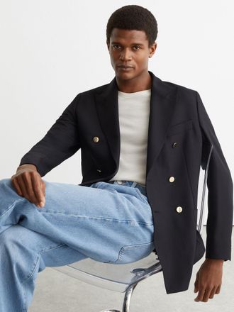 Reiss Navy Captain Hopsack Double-breasted Blazer Classic-fit With Wool, 46